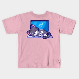 Cute Cat Sleeping On Laptop Cartoon Kids T-Shirt